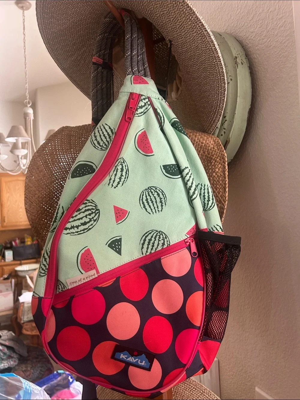 Kavu Mint Watermelon Sling Bag with Pink Accents